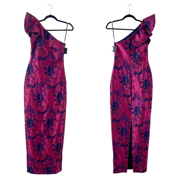 Pamella Roland Pink Navy Blue One Shoulder Floral Jacquard Evening Column Gown - Picture 1 of 13